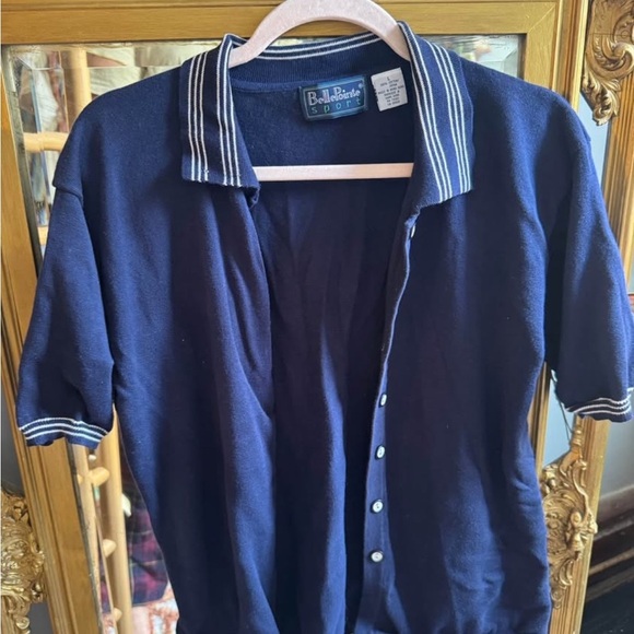 Belle Pointe Sport Tops - Belle Pointe Sport Navy Blue Short Sleeve Collared Button‎ Up Shirt Top Size L